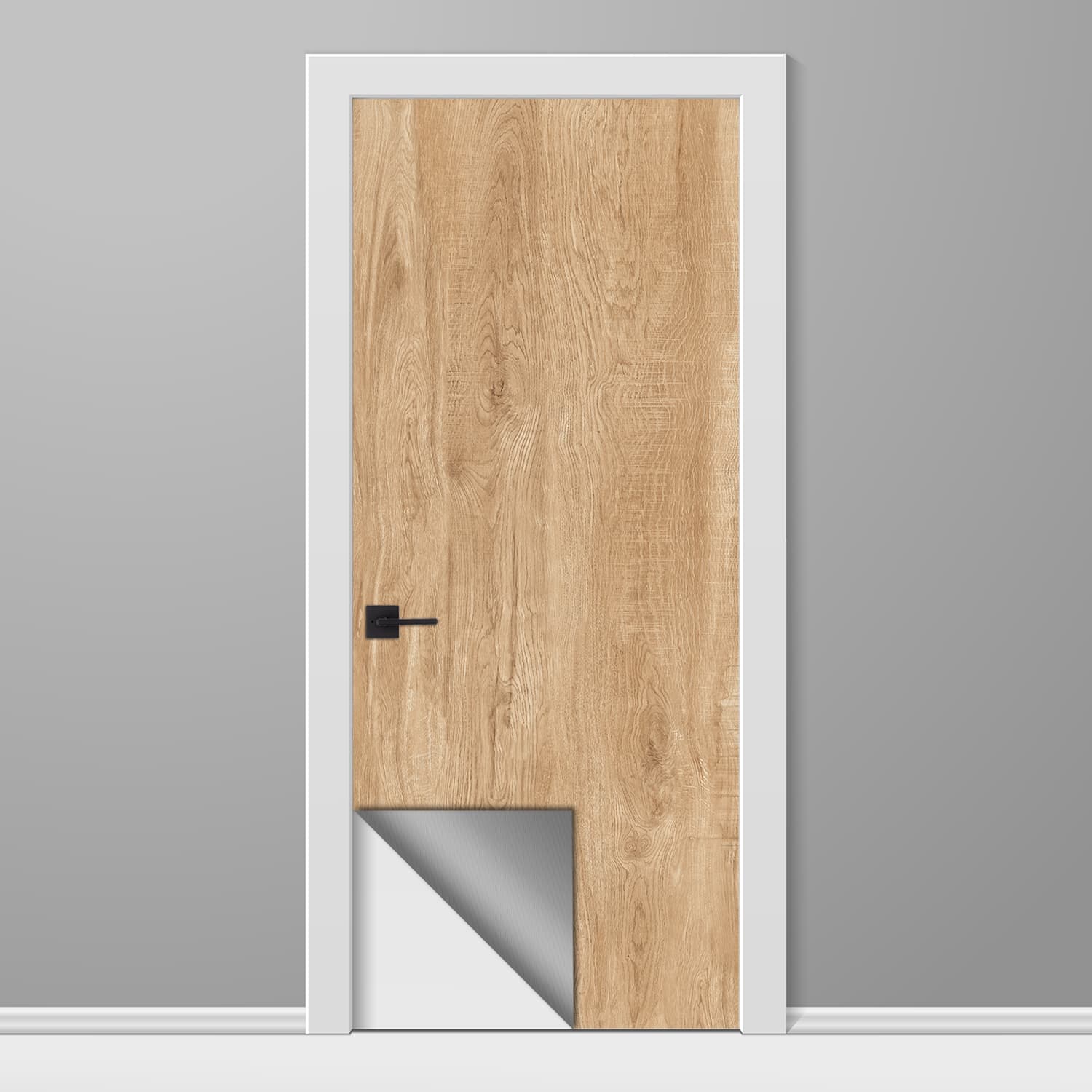 Wooden door with white frame and gray floor on a gray background