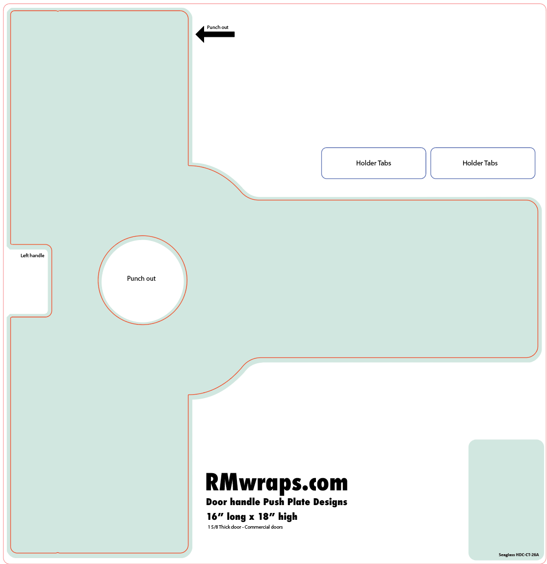 Design template for a door handle pack plate with labeled parts and dimensions, sourced from RMwraps.com.