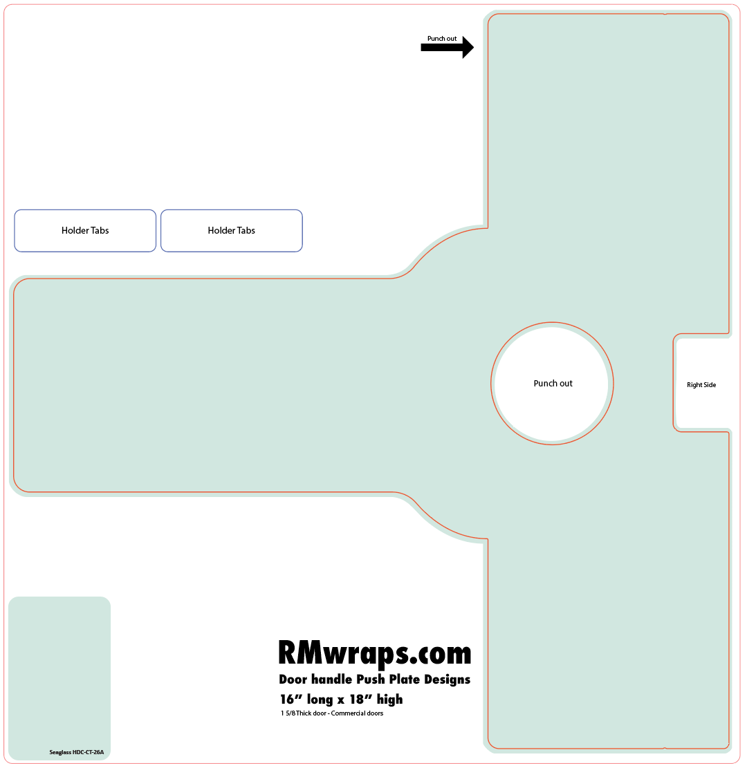 Design template for a door handle push plate with labeled sections and RMwraps.com branding.
