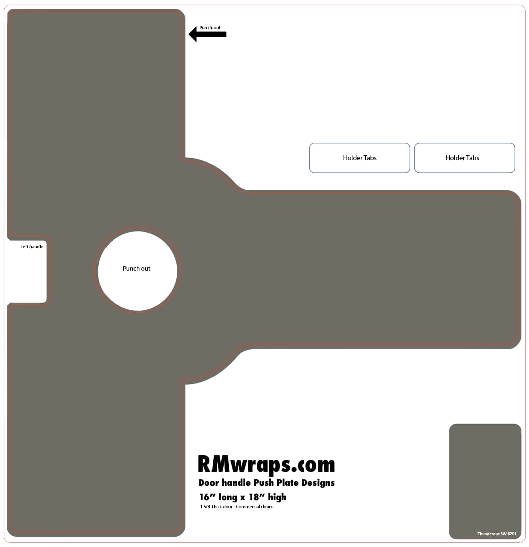 Design template for a door handle push plate with labeled parts and RMwraps.com branding.