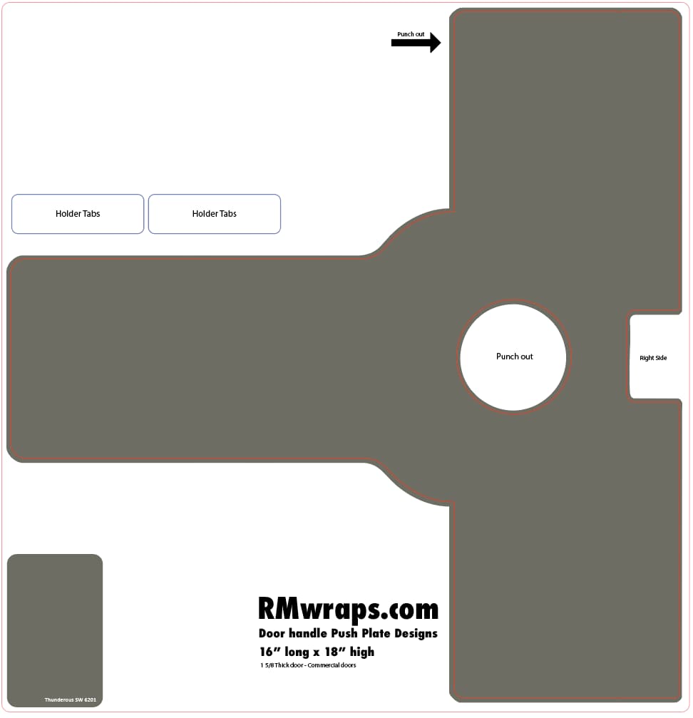 Design template for a door handle push plate with labeled parts and dimensions, featuring RMwraps.com branding.