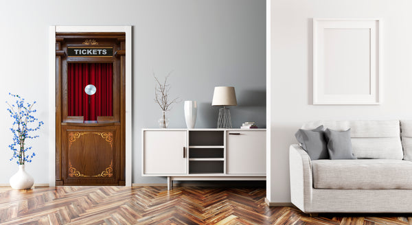 Ticket Booth Door Wrap with Red Curtain Gold