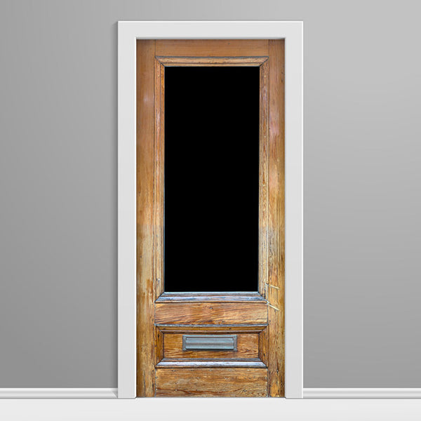 Wooden door with glass panel on a gray wall