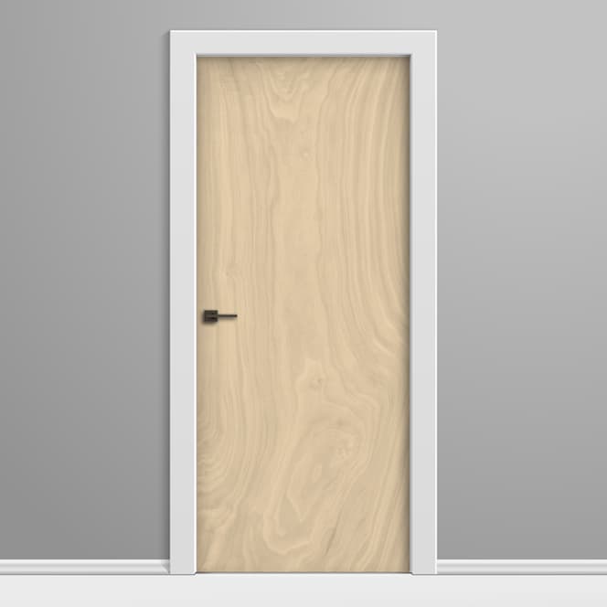 Wooden door with white frame on a gray background