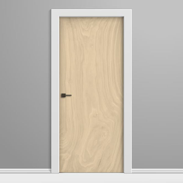 Wooden door with white frame on a gray background