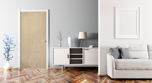 Modern living room with a wooden door, white cabinet, and gray sofa.