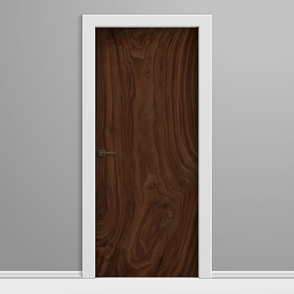 Wooden door with white frame on a gray background