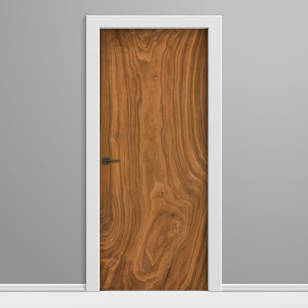 Wooden door with white frame on a gray background
