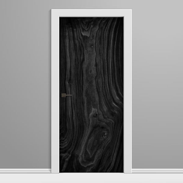 Wooden door with black wood grain pattern on a gray wall