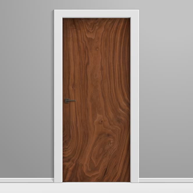 Wooden door with white frame on a gray background