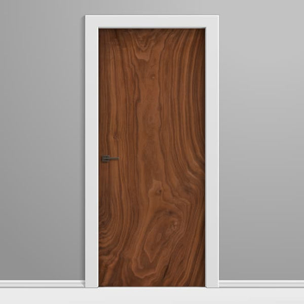 Wooden door with white frame on a gray background