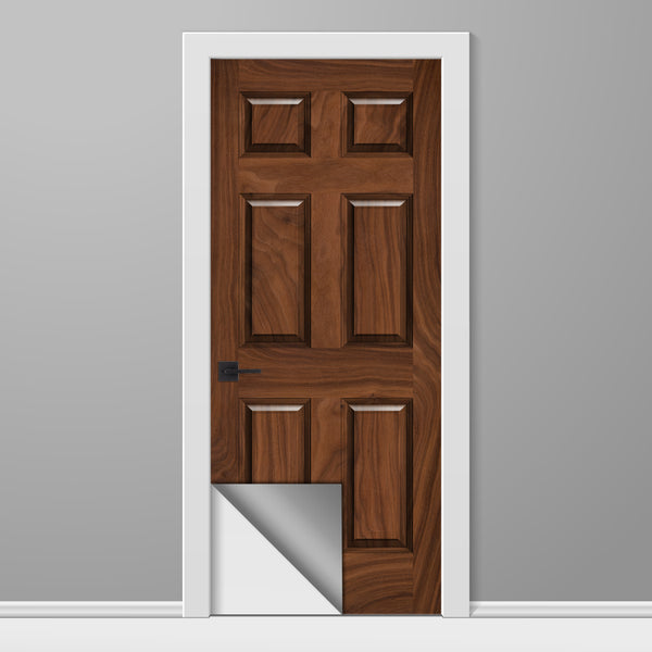 Wooden door with a white frame on a gray background