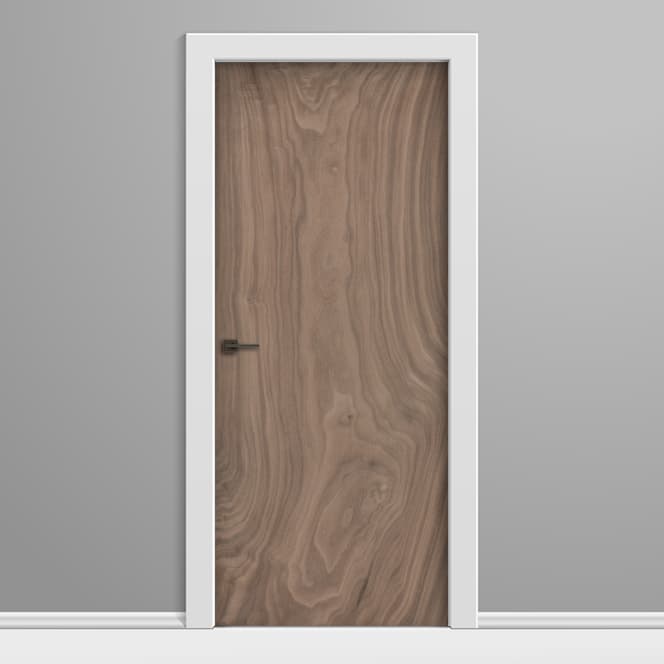 Wooden door with white frame on a gray background