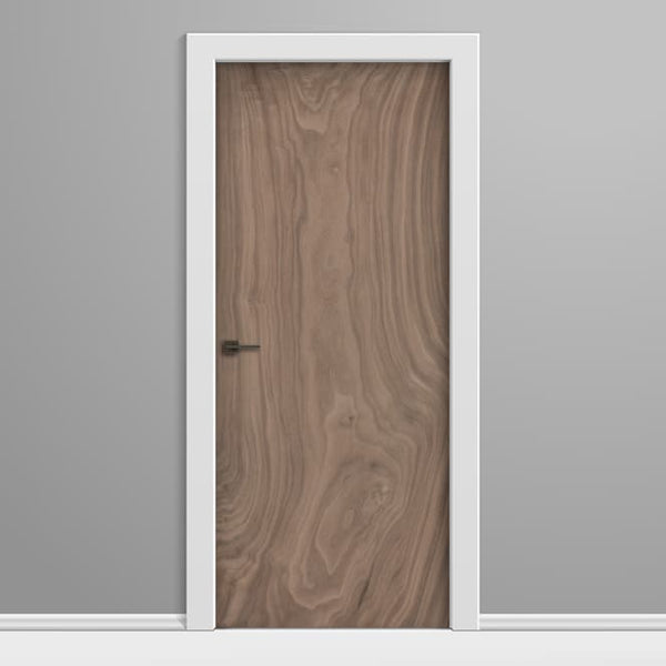 Wooden door with white frame on a gray background