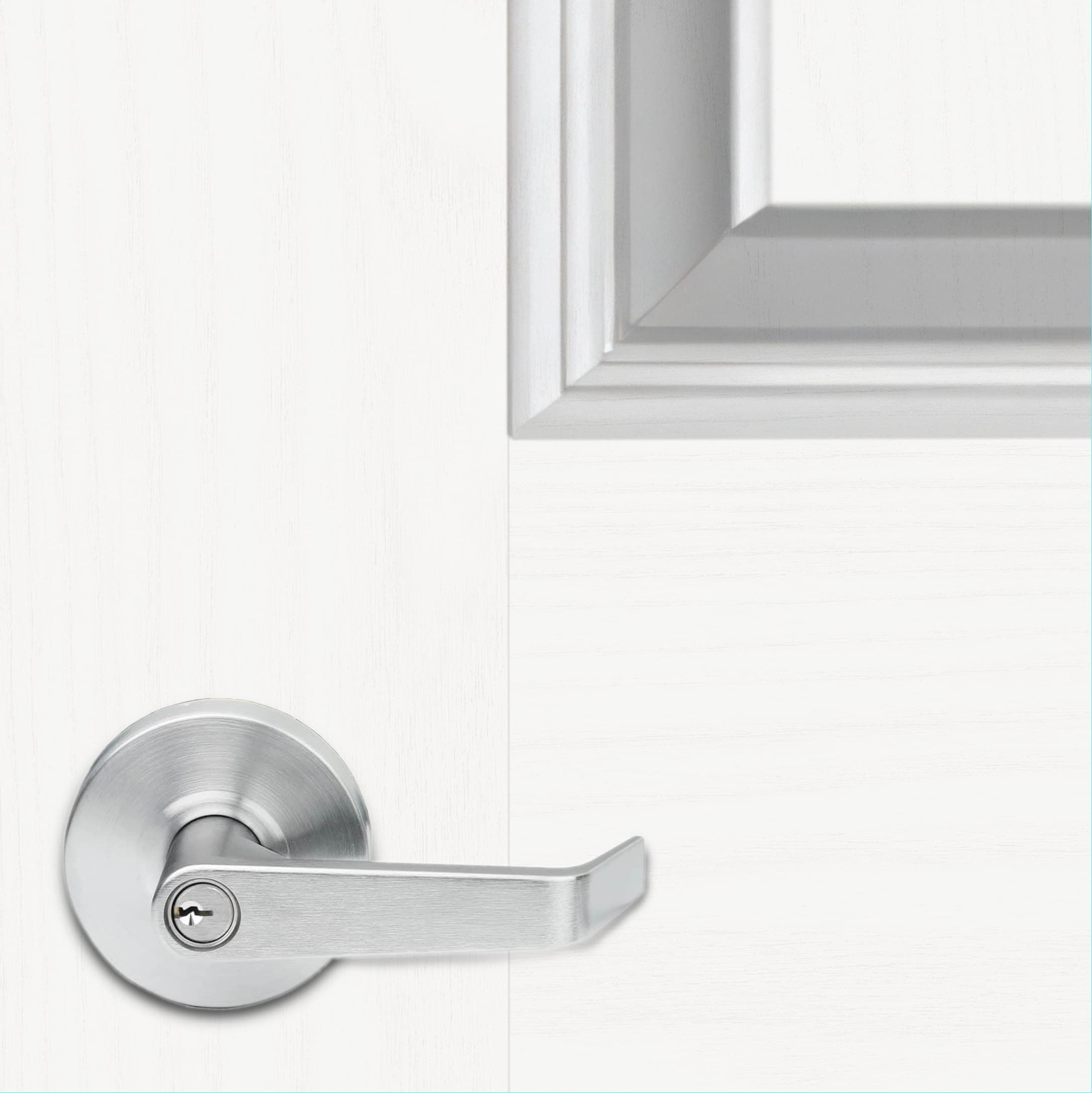 Silver door handle on a white background