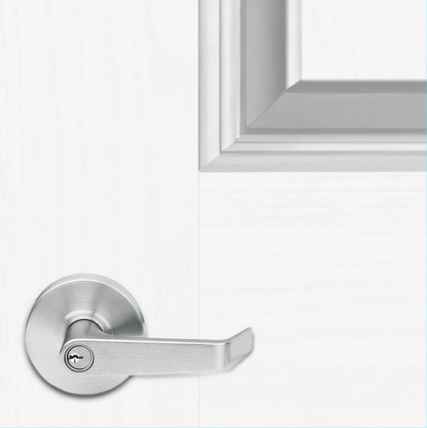 Silver door handle on a white background