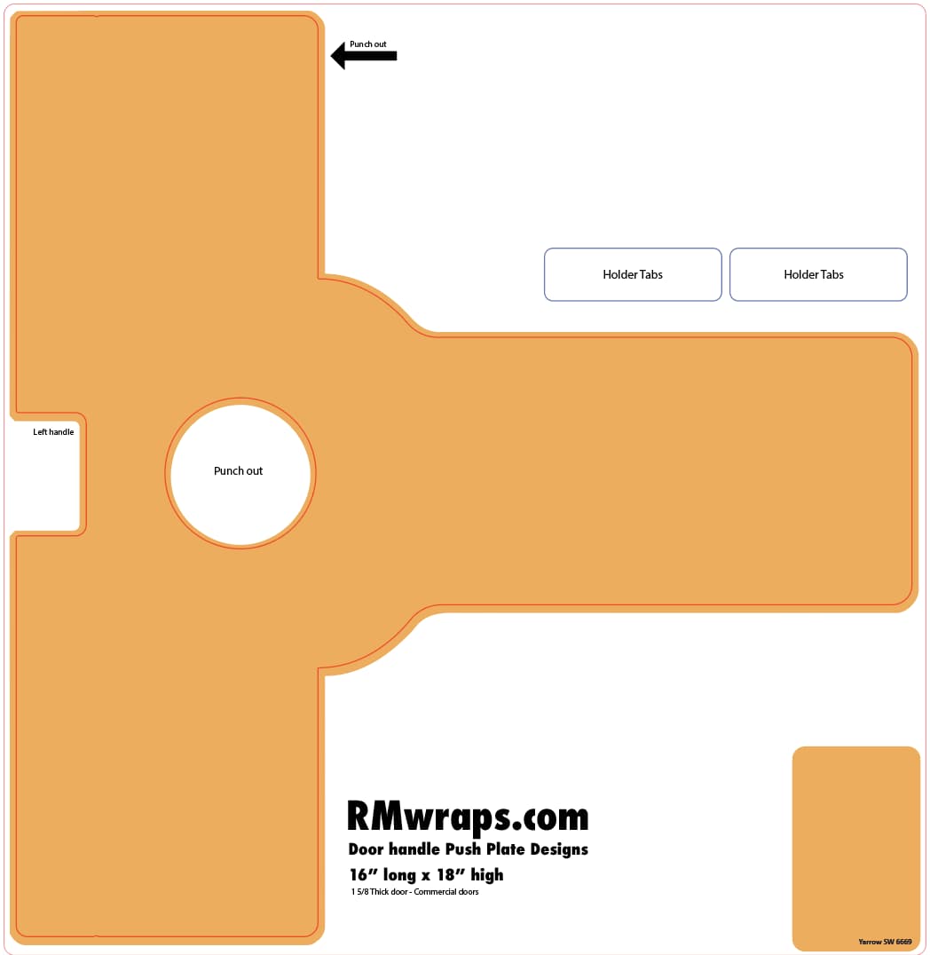 Orange vinyl wrap cut sheet with labeled parts and RMwraps.com branding