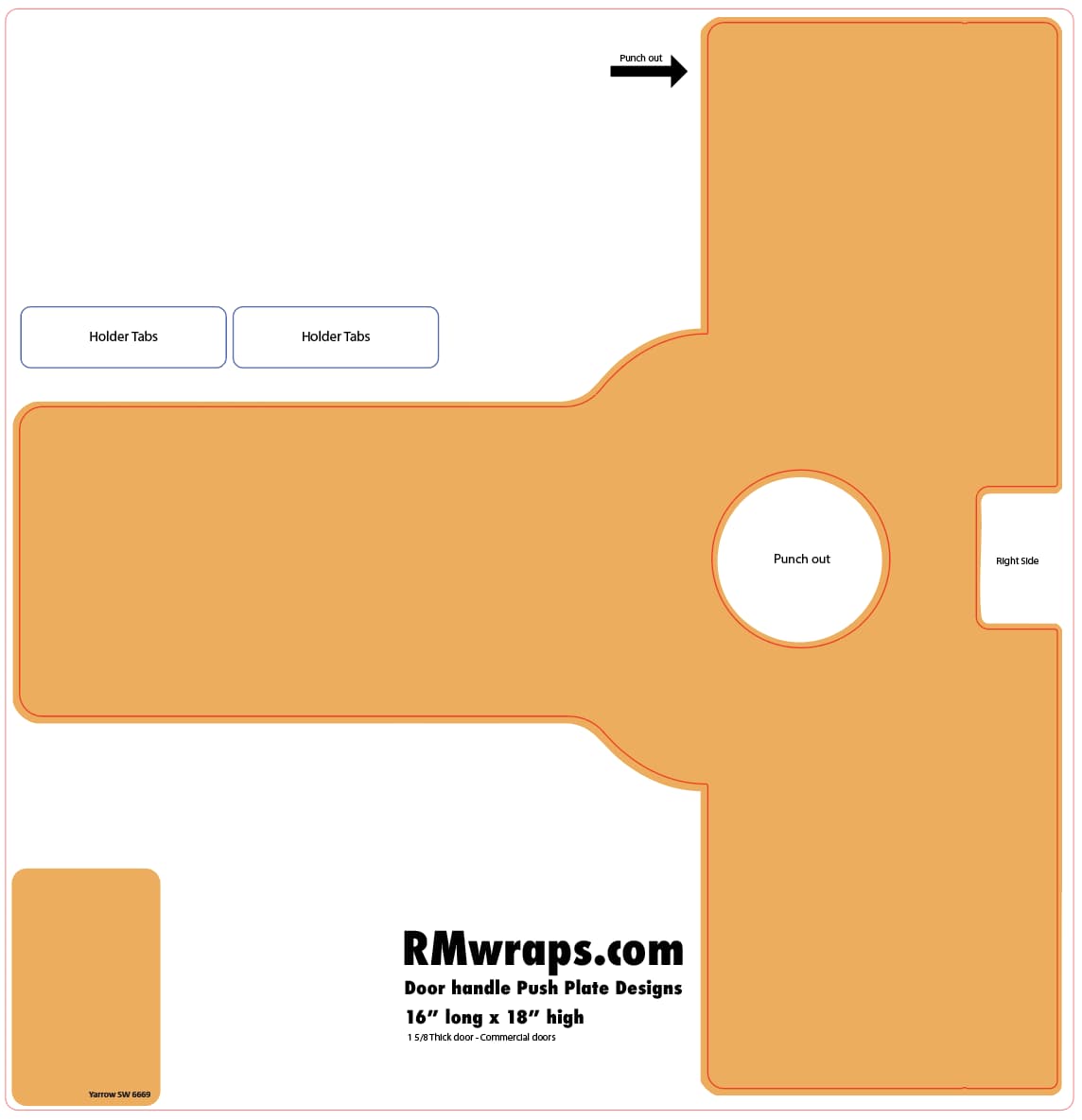 Orange push plate design template with labeled parts and RMwraps.com branding.